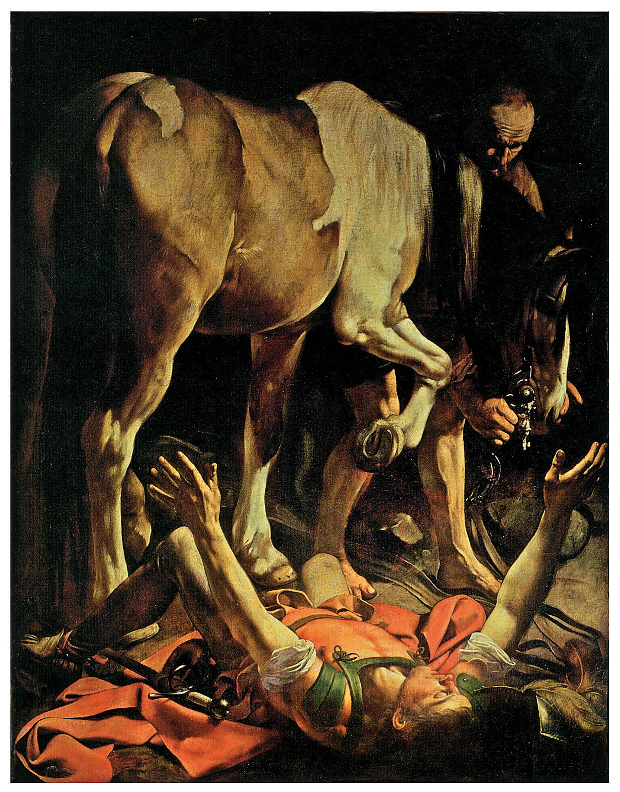 Veel kunstenaars, zoals hier Caravaggio, hebben de dramatiek van Paulus’ roeping versterkt door hem van een paard te laten vallen. In de drie versies van het verhaal in de bijbel komt geen paard voor!