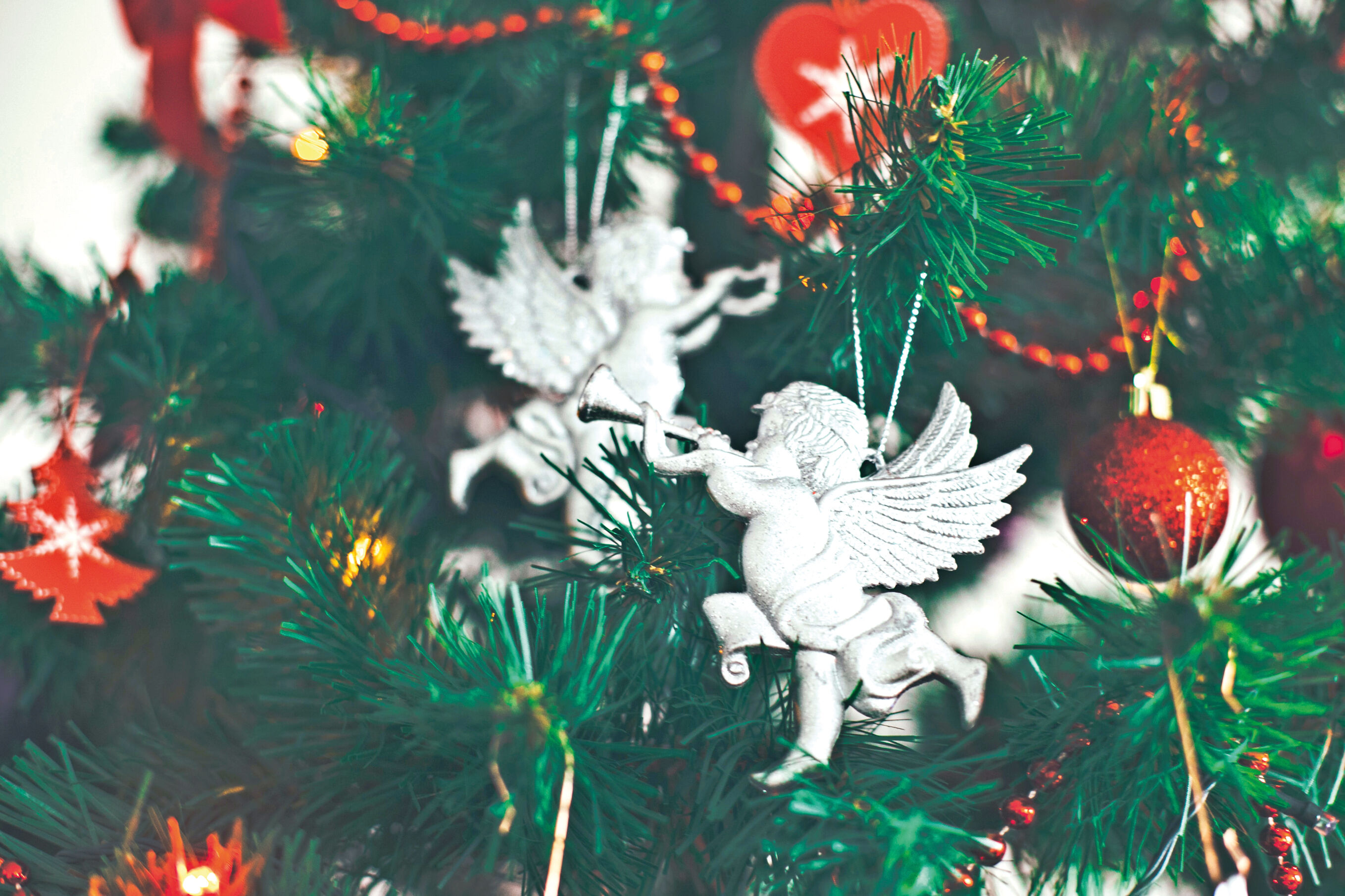 Decoratieve engeltjes bazuinen het uit in de kerstboom (© Eugene Zhyvchik op Unsplash)