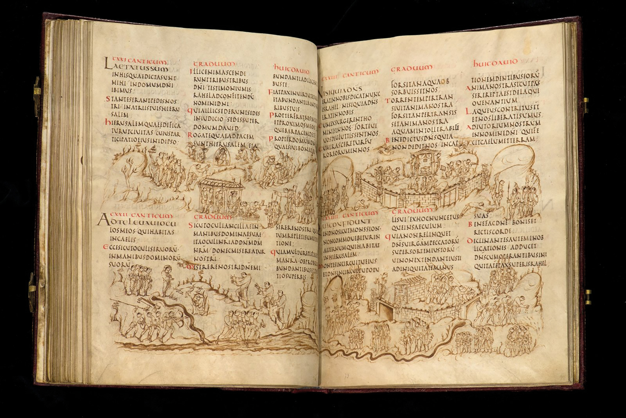 Een blik op het Utrechts Psalter. Het psalmboek bevat de teksten van alle 150 psalmen en van zestien zogenaamde cantica, hymnes uit de bijbel, die in de middeleeuwen vaak aan het psalter werden toegevoegd. Het is vernoemd naar en in bezit van de Universiteitsbibliotheek Utrecht, waar het in de 19e eeuw ontdekt werd. 