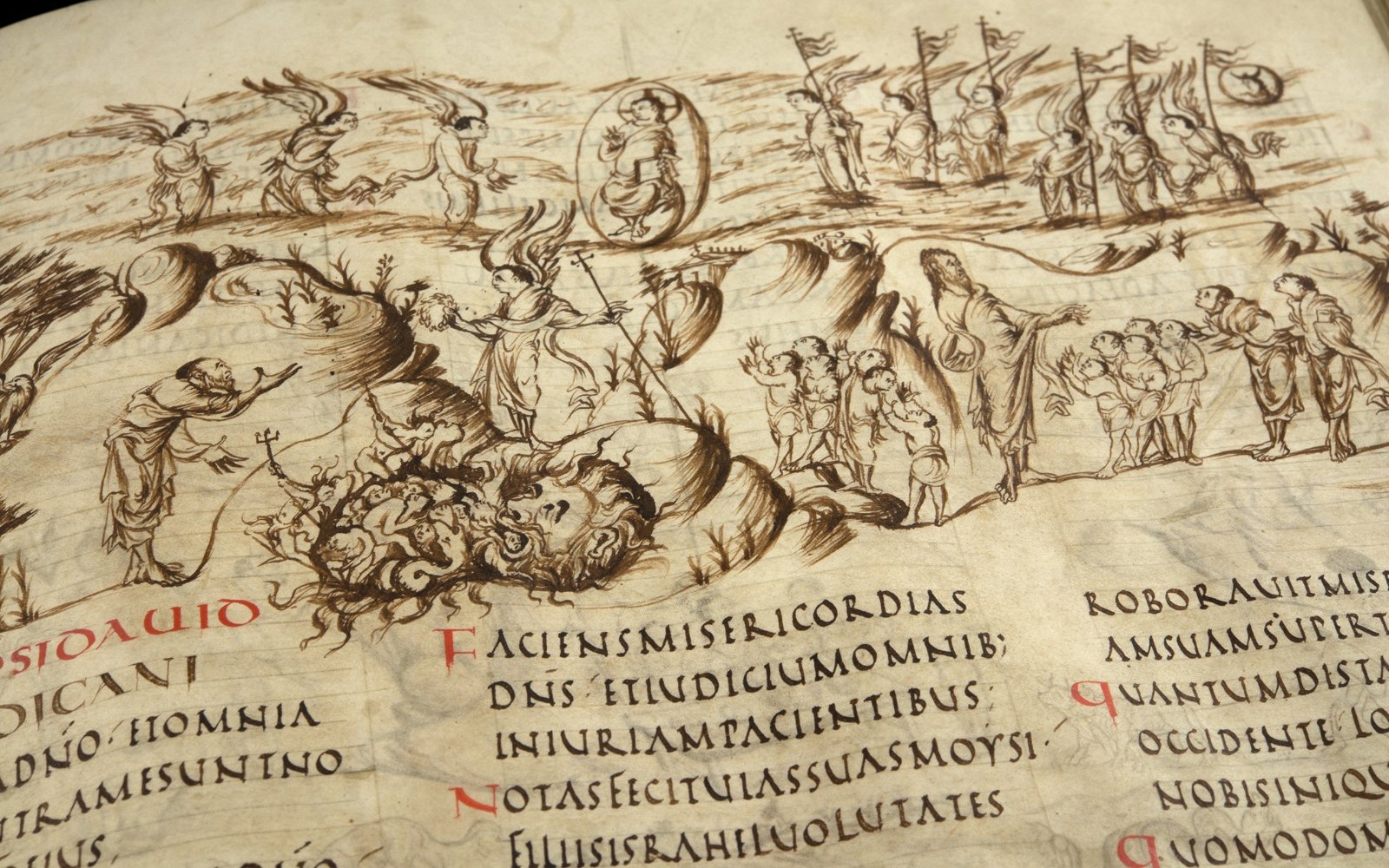 De liederen in het Utrechts Psalter zijn stuk voor stuk rijk geïllustreerd met verhalende tekeningen.