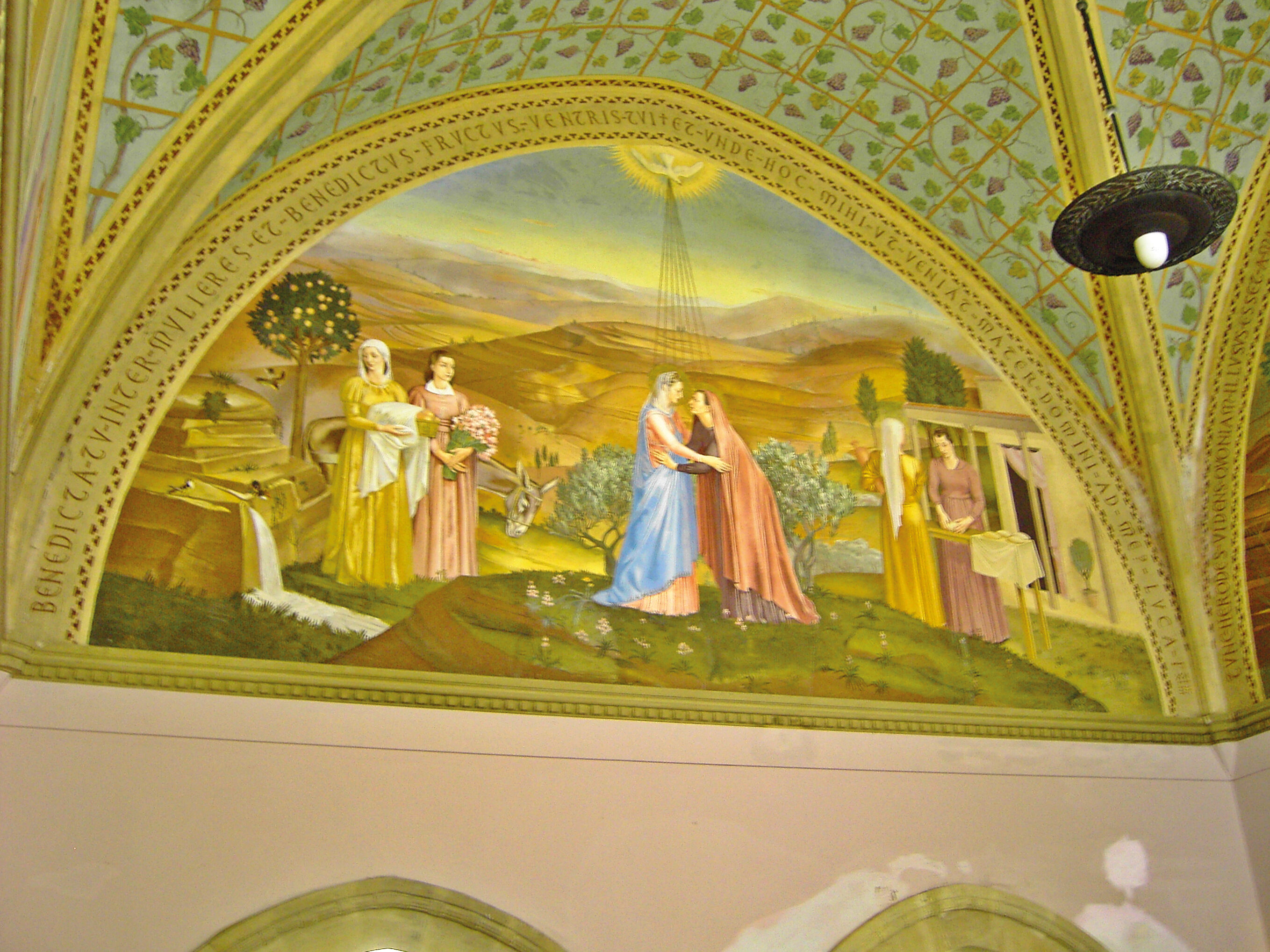 Muurschildering in de benedenkapel van de kerk van de visitatie in Ein Karem (Jerusalem),  de plaats waar men aanneemt dat Maria Elisabeth kwam opzoeken.